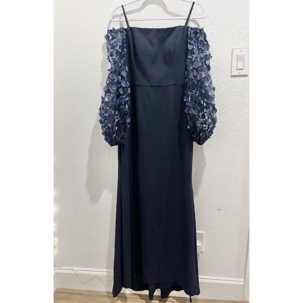 Eliza J Navy Maxi Dress with 3D Floral Puff Sleeves